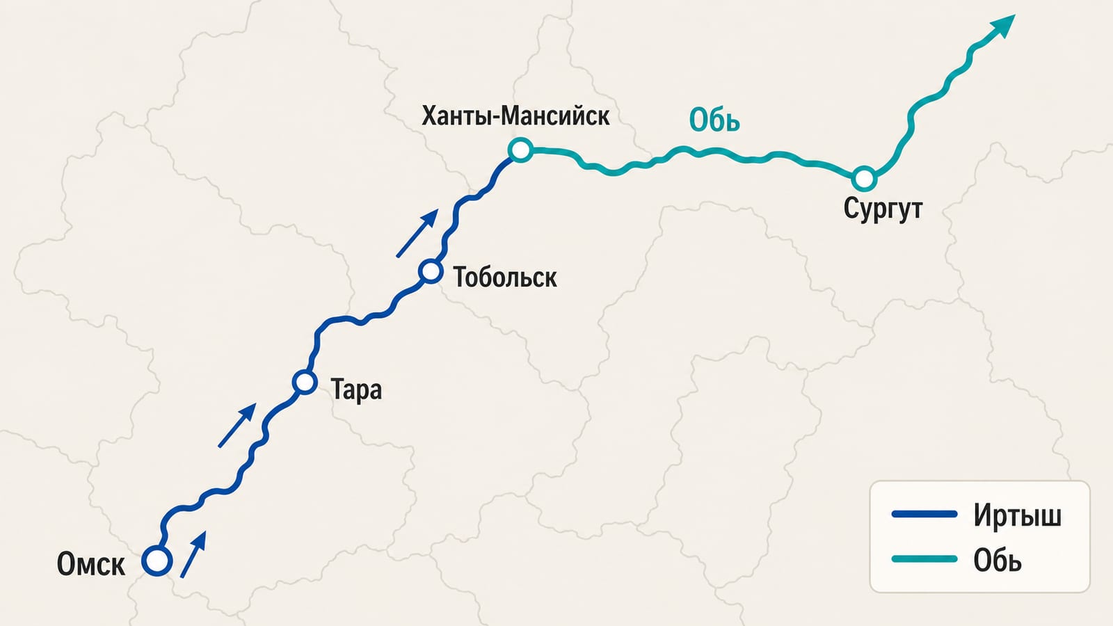 Карта грузовых маршрутов по Иртышу от Омска до Ханты-Мансийска